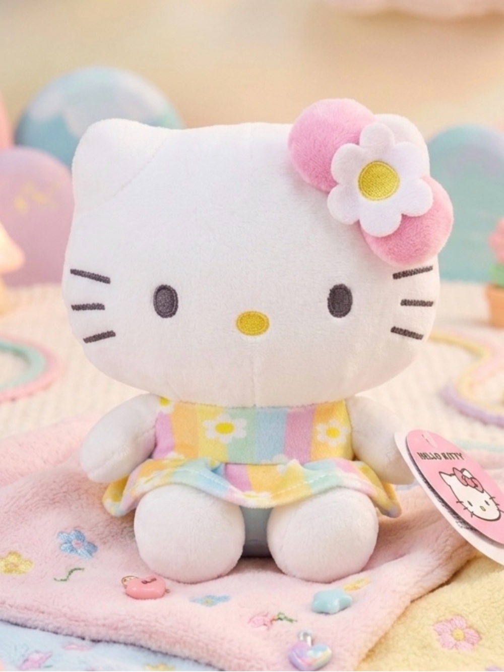 Adorable 🥰 Hello Kitty White Plush with Pink Flower Bow and Pastel Floral Dress